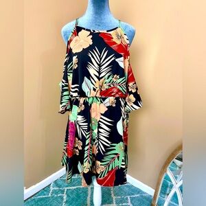 Curvy Open Shoulder Tropical Print Dress